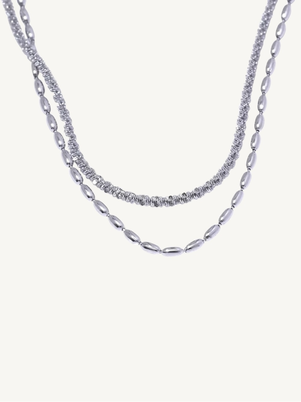 Double-Layer Silver Textured Chain & Rice Bead Necklace Stainless Steel